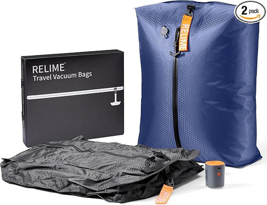 Relime Classic Series Vacuum Bags for Travel Luggage with Wireless Pump, Compression Bags for Carry On Suitcases and Backpack, Vacuum Seal Packing cube for Cloth Packing (2PC + PUMP Gray & Blue) by Relime