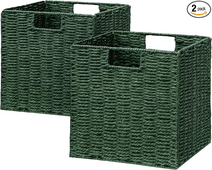Vagusicc Wicker Storage Basket, Set of 2 Hand-Woven Paper Rope Wicker Basket, Foldable Cube Storage Bins, 9 inch Square Storage Baskets for Organizing Shelves & Decor, Green (9″×9″×9″) by Vagusicc