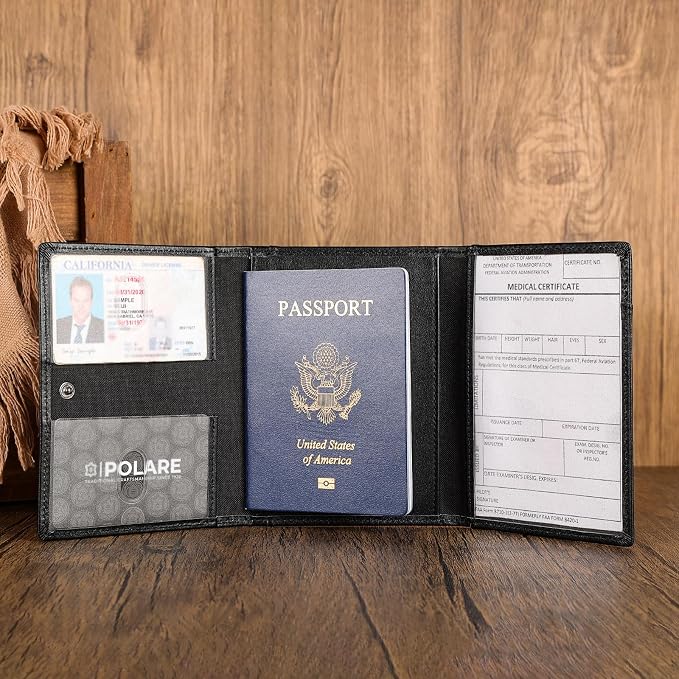 Polare Napa Leather Pilot Wallet Passport Holder RFID Blocking Tri-fold Travel Cover Document Organizer for Aviation Professionals (Black) - Image 8