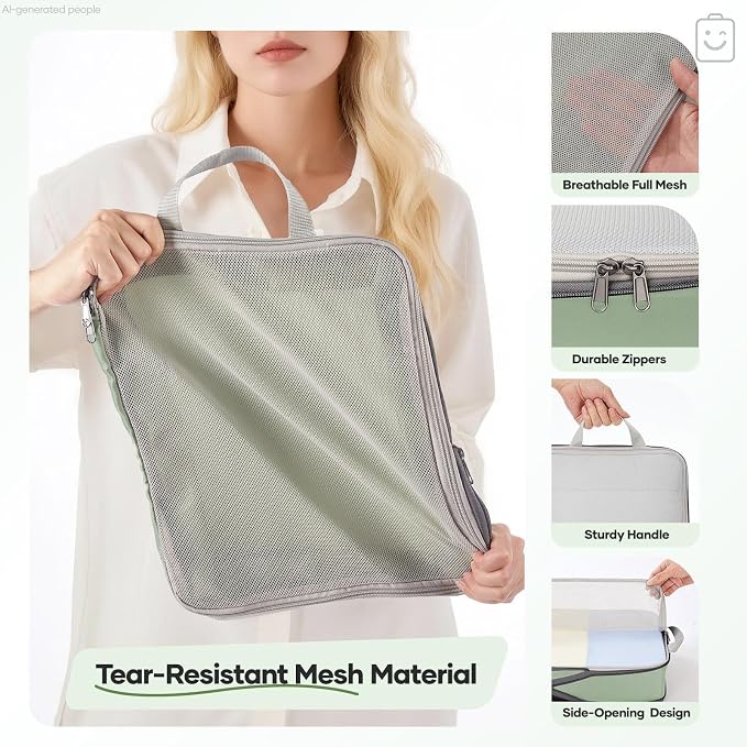 Veken 9/11 Set Compression Packing Cubes Garment Bags for Travel Essentials,Compressible Expandable Luggage Organizer Bags for Clothing,Space Saver Bags with Over 1000 pcs of Mesh Holes(Matcha Green) - Image 5