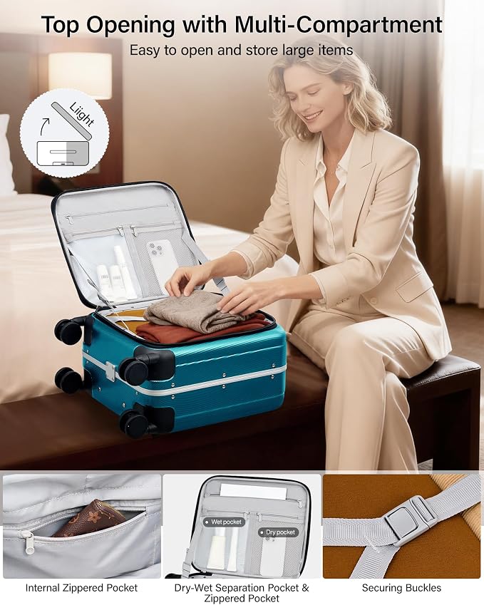 Hanke 16 Inch Small Carry On Luggage Hard Shell Top Opening Aluminum Frame Suitcase with Spinner Wheels, Underseat Front Open Luggage for Men & Women Business Travel and Short Trips, Caribbean Blue - Image 6
