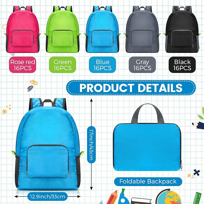 Jexine 80 Pack Backpack Bulk 17 Inch Foldable Backpack 5 Assorted Colors Lightweight Back Pack for Outdoor Travel Zippered Book Bags - Image 2