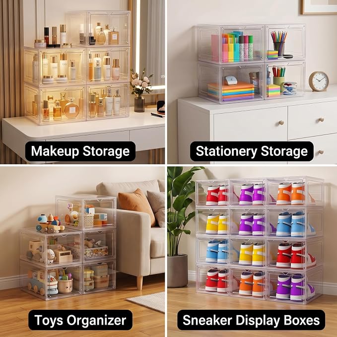 Large Clear Shoe Storage Boxes Stackable, 12 Pack Hard Plastic Shoe Storage Organizer with Magnetic Door, Shoe Container Sneaker Storage Display Case Fit up to US Size 12 Clear - Image 4