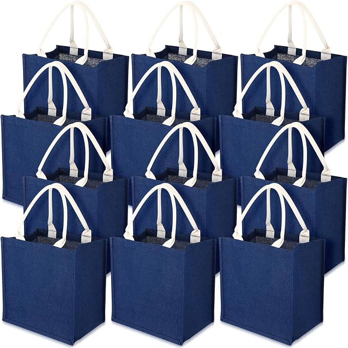 Saintrygo 12 Pcs Burlap Jute Tote Bags with Handle Reusable Blank Bridesmaid Gift Bags for Shopping Wedding DIY, 12x12x7.7In (Navy Blue) by Saintrygo
