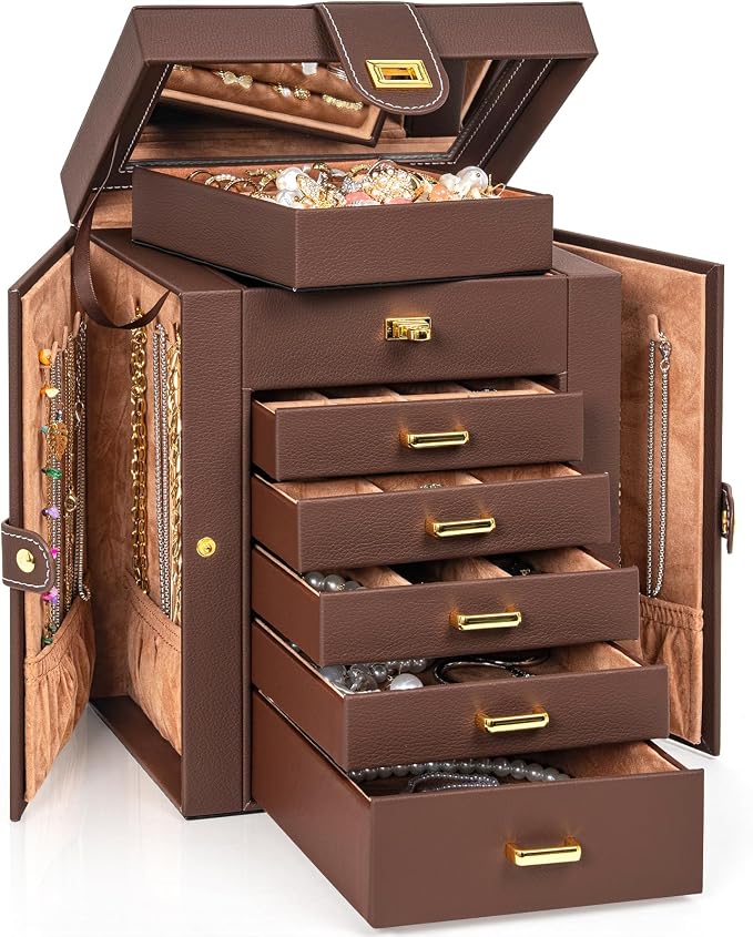 AKOZLIN 6-Tier Jewelry Box Organizer Functional 5 Drawers Leather Jewelry Storage Case for Women Girls Ring Necklace Earring Bracelet Holder Organizer with Mirror Brown Regular - Image 7