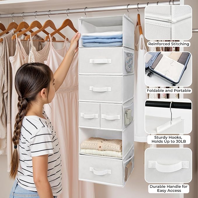 GRANNY SAYS Hanging Closet Organizer and Storage, 6 Shelf Clothes Organization with Drawers, 6 Side Pockets Closet Hanging Shelves for Bras, Socks, Underwear, Nursery Room, Wardrobe, White, 1-Pack - Image 4