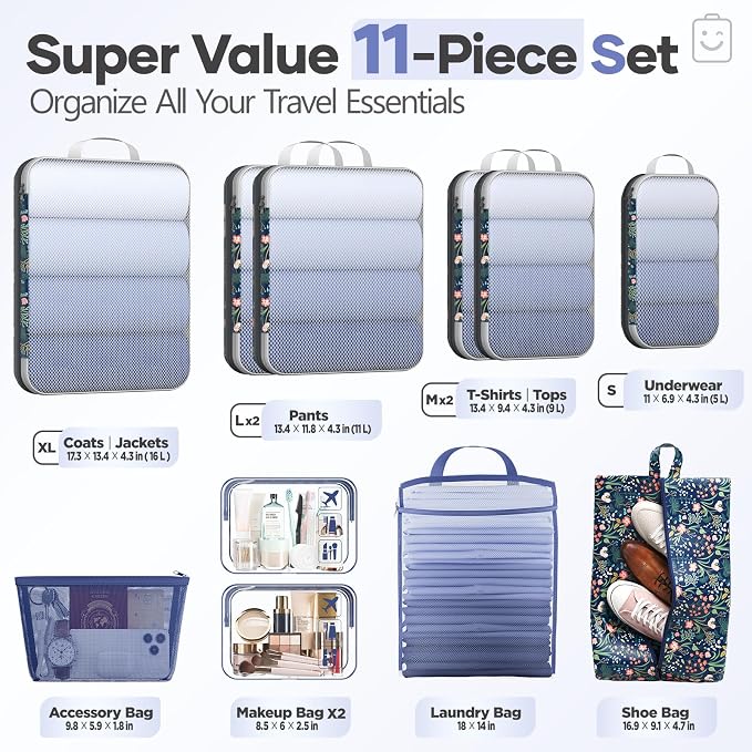 Veken 11 Set Compression Packing Cubes Garment Bags for Travel Essentials,Compressible Expandable Luggage Organizer Bags,Space Saver Bags with Over 1000 pcs of Mesh Holes(Dark Blue Floral) - Image 2