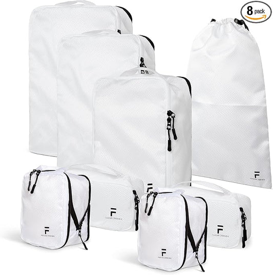 8 Piece Compression Packing Cubes Set - Double Capacity Design for Travel - Small, Medium & Large Sizes - Carry-On Suitcase Organizer Bags (White) by FocusDesign