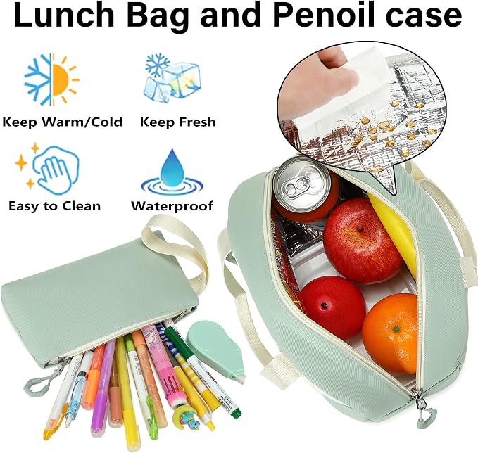 School Backpack for Girls, 3PCS Laptop Backpack 15.6 Inch with Lunch Box Pencil Pouch Set for Kids Teens Elementary Middle High School College Bookbag Student Casual Travel Daypack,Green Beige - Image 5