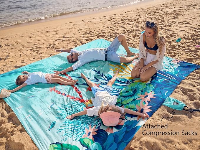 WEKAPO Beach Blanket Waterproof Sandproof Oversized, Extra Large Beach Mat Sand Free, Lightweight & Compact Sand Free Mat with 5 Stakes & 4 Corner Pockets - Image 3