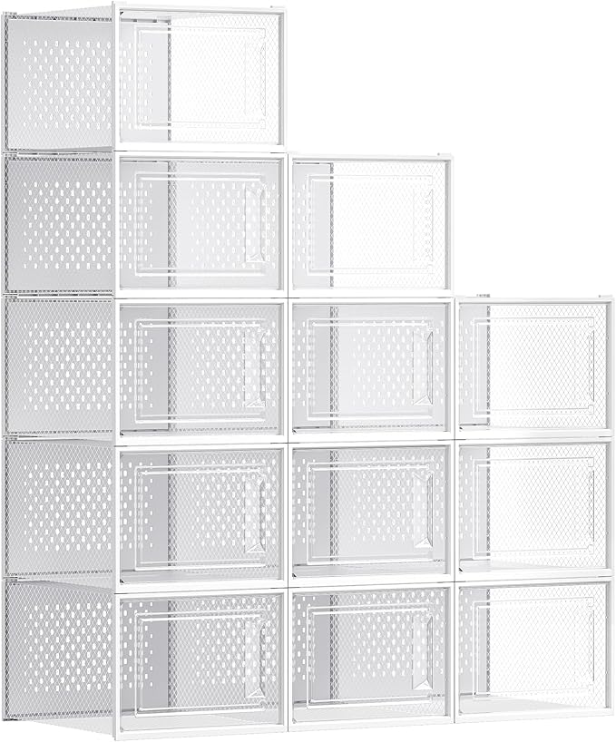 SONGMICS Shoe Boxes, Pack of 12 Shoe Storage Organizers, Stackable Clear Plastic Boxes for Closet, Sneakers, 13.1 x 9.9 x 7.4 Inches, Transparent and White ULSP12MWT by Unknown