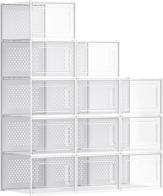 SONGMICS Shoe Boxes, Pack of 12 Shoe Storage Organizers, Stackable Clear Plastic Boxes for Closet, Sneakers, 13.1 x 9.9 x 7.4 Inches, Transparent and White ULSP12MWT by Unknown