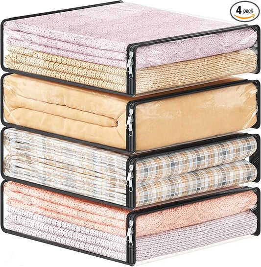 Lifewit 14L Clear Sheet Storage Bags with Zipper 4 Pack, Plastic Sweater Storage Bins for Clothing, Vinyl Foldable Clothes Containers Organizers for Closet, Blankets, Bedding 15.7 x 13.8 x 3.9 Inch by Lifewit
