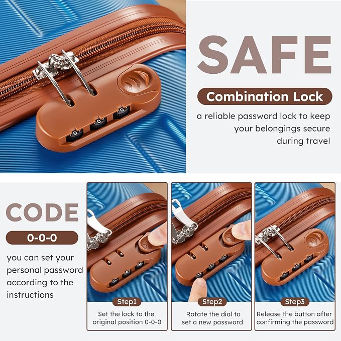 Suitour 4 Piece Luggage Sets, Hard Shell Suitcase Set with Spinner Wheels 16 20 24 28inch Travel Sets(Blue Brown) - Image 6