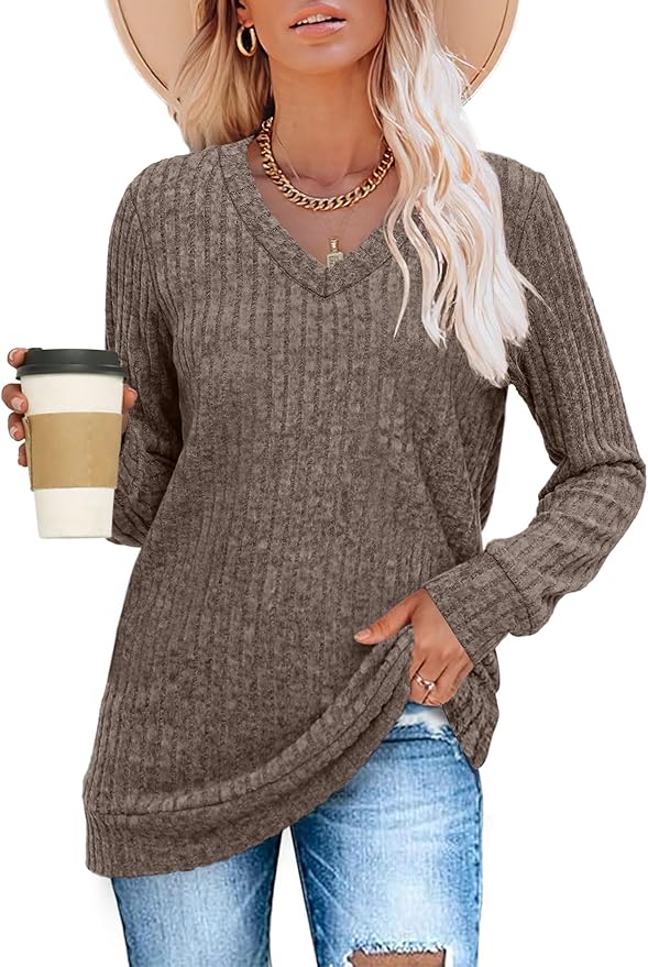 Sampeel V Neck Long Sleeve Shirts for Women Casual Fall Tops Lightweight Tunic Sweaters Fashion Clothes Loose Fit 2025