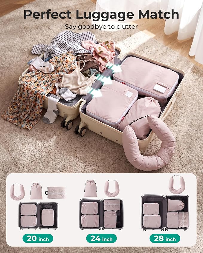 BAGSMART 6 Set Packing Cubes for Travel with Budget Airline Neck Pillow | Compression organizer bags, travel essentials for budget airline carry-ons, luggage, suitcases, closets, premium taslan - Image 4