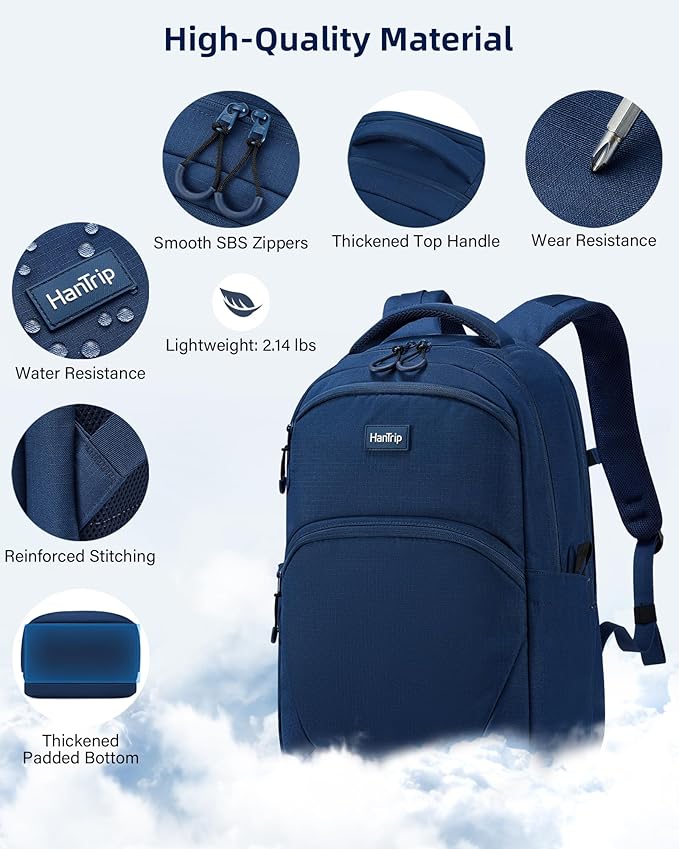 HanTrip Carry On Travel Backpack for Women Men, 30L Medium Work Backpack for Commuter College Water Resistant Bookbags, Navy Blue - Image 5