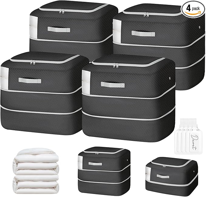 Comforter Storage Bag - 110L Large Capacity Blanket Storage Bags 2-Layer Ultra Space Saving Self Compression Organizer, Washable Compression Bags for Storage Comforter Blanket, 4-Pack, Black by EasortmPackingCubes