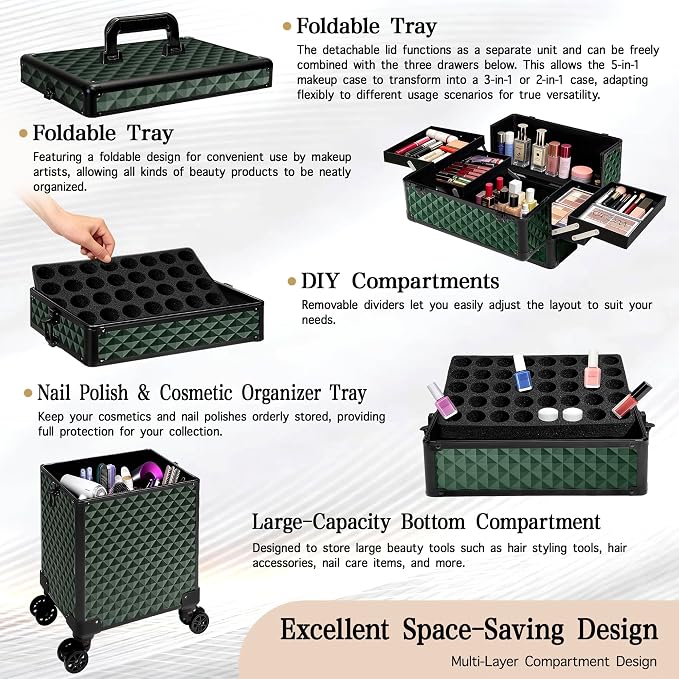 5 in 1 Rolling Makeup Train Case on Wheels Large Cosmetic Organizer Travel Cart for Women Beauty Salon Barber Hairstylist Green - Image 5