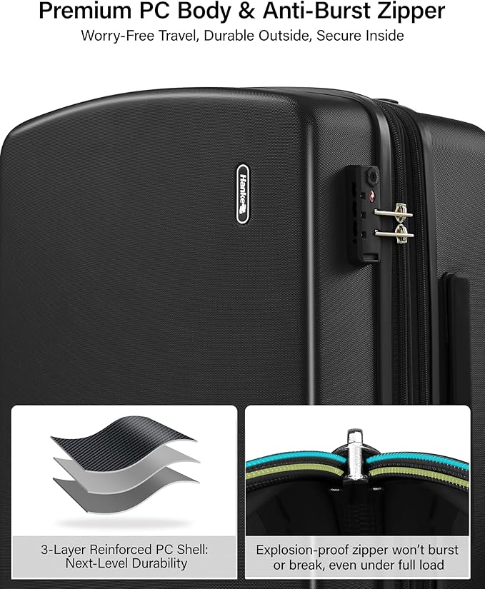 Hanke Expandable Hard Shell Luggage Sets 3 Pieces, 20/24 / 28 Inch Luggage Sets with Spinner Wheels, Durable PC Hardside Rolling Suitcase with TSA Lock for Travel (20/24/28 Inch, Jet Black) - Image 5