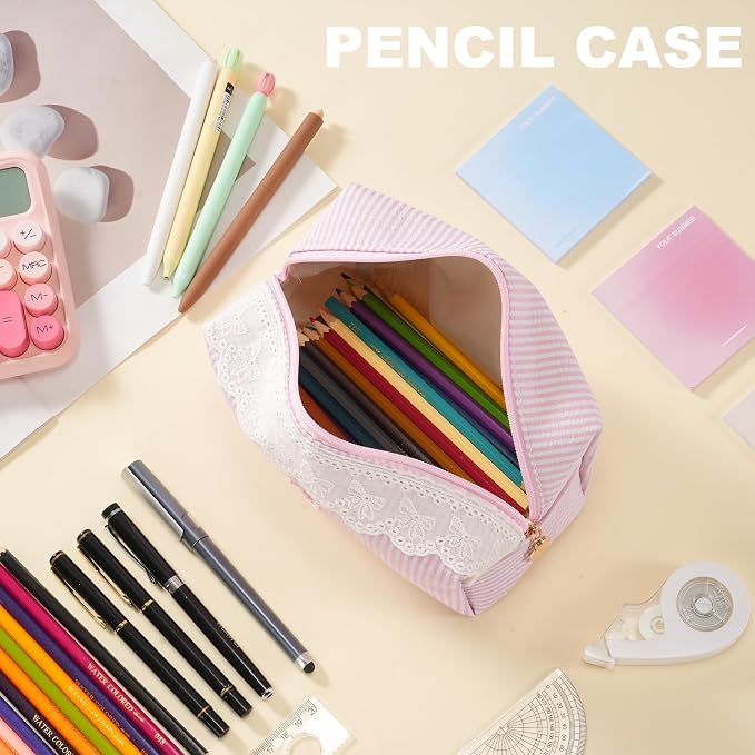 Makeup Bag Travel Toiletry Bag for Women, Small Cosmetic Bags with Lace Trim Cute Pink Stripe Aesthetic Organizer Makeup Pouch for Purse Emergency Bag Pencil Case Accessory Bag - Image 6