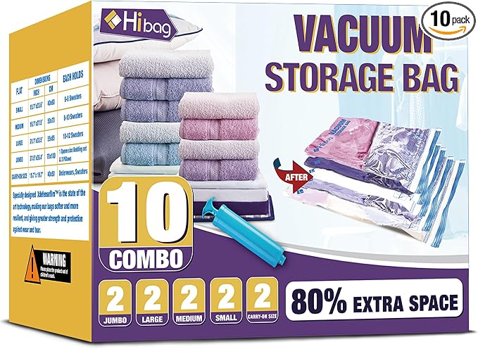 HIBAG Vacuum Storage Bags, 10-Pack Vacuum Seal Bags for Clothing Clothes, Space Saver Bags (2 Jumbo, 2 Large, 2 Medium, 2 Small, 2 Roll-up) with Pump (10-Combo) | Various Size, Airtight Triple Seal, Save 80% Space, Hand Pump, Work with Vacuum, Double Z... by HIBAG