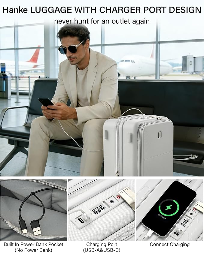 Hanke 20 Inch Expandable Carry On Luggage with Cup Holder 22x14x9 Airline Approved, Top Opening Hard Shell Suitcases with Wheels, Carry-On Travel Suitcase Trunk Luggage with Lock, Smoke White - Image 5