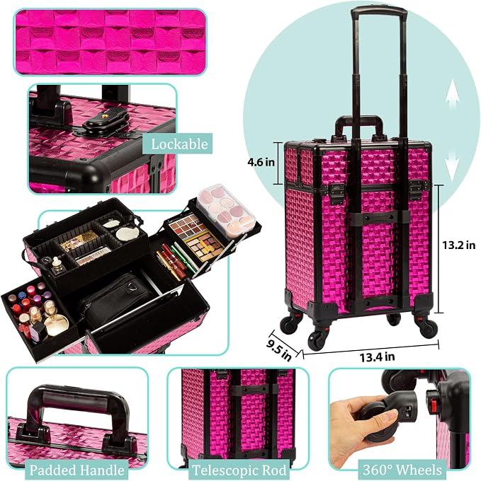 Arous Rolling Train Makeup Case Cosmetology Case on Wheels, Rose Red | Cosmetic Travel Trolley 4 Tray with Sliding Rail Removable Middle Layer with Key Salon Barber Case Traveling Cart Trunk - Image 4