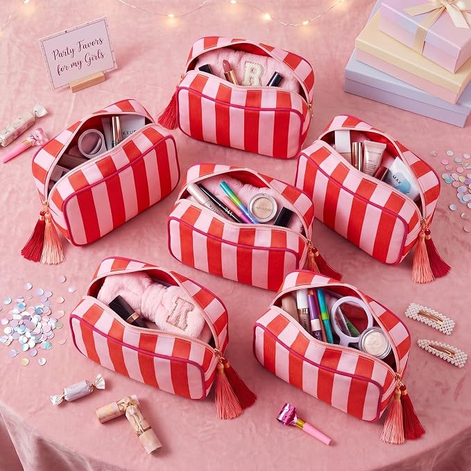 Kacctyen 6 Pack Tomato Red and Light Pink Striped Makeup Bag bulk with Tassel Travel Cosmetic Pouch Organizer Large Zipper Toiletry Case for Women Aesthetic Storage Pouch Mahjong Tile Bag - Image 4
