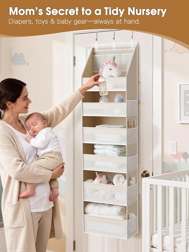 Criusia Over the Door Organizer, 6-Shelf Closet Hanging Storage with 13 Mesh Pockets, 55lbs Capacity Behind the Door Storage for Baby Nursery, Bathroom, Bedroom, and Dorm, Beige - Image 3