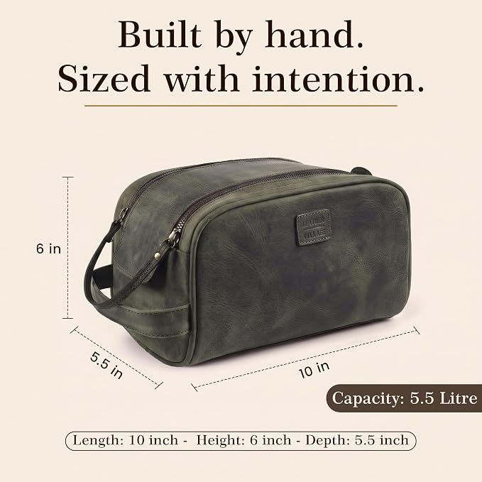 LEATHER VILLAGE Genuine Leather Toiletry Travel Pouch With Waterproof Lining - Olive | King-Size Handcrafted Vintage Dopp Kit Bag, Shaving & Bathroom Organizer, Gift for Men & Women - Image 5