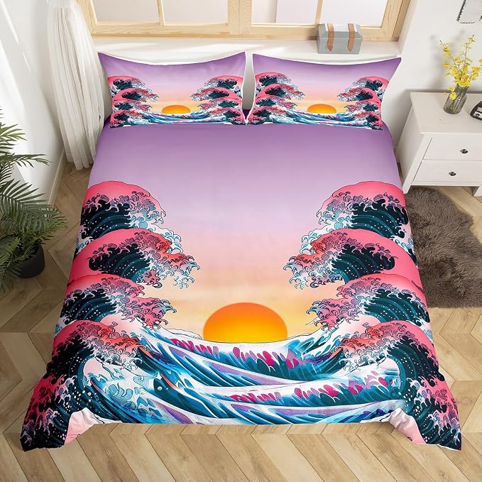 Japanese Style Duvet Cover Twin Japanese Wave Pattern Bedding Set with Zipper Ties Surf Water Abstract Sunset Pattern Comforter Cover Set for Adult Women Girls Teen Soft Microfiber Comforter Cover - Image 3