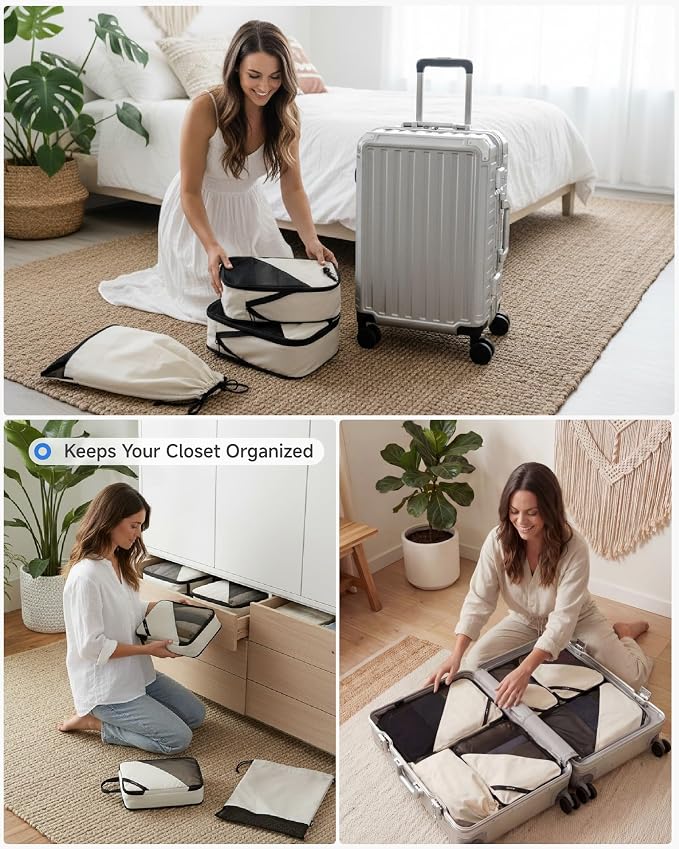 LUGGEX Compression Packing Cubes for Travel, 6 Set Lightweight Luggage Organizer Bags with Shoe Bag, Space Saving Suitcase Packing Cubes for Carry-On with Breathable Mesh, Double-Zipper (POX01, Beige) - Image 7