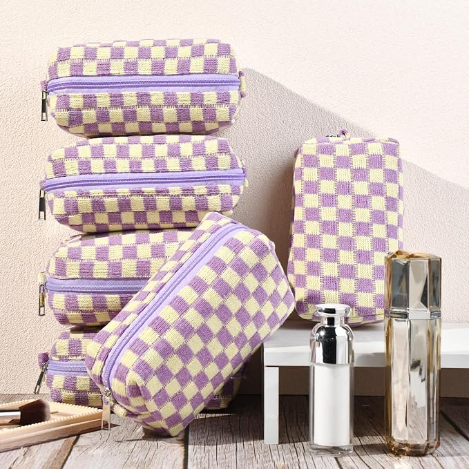 SOIDRAM Checkered Makeup Bag Preppy Cosmetic Bag Bulk Purple Makeup Pouch Personalize Travel Toiletry Bag Organizer Cute DIY Makeup Brushes Storage Bag for Women - Image 6