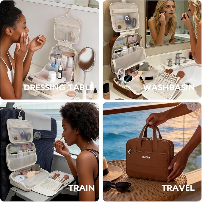 GIVLEFLY Luxury Hanging Makeup Bag for Women, Large 4-Layer Foldable Waterproof Cosmetic & Skincare Organizer with Handle, Fits Suitcase & Train Seat for Travel（brown） - Image 3