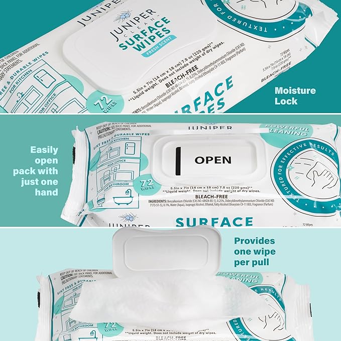 1 Pack Surface Cleaning Wipes Bleach Free, All-Purpose Cleaner for Bathroom, Kitchen, Office, 72 Count Soft Flow, Fresh Scent, Lint Free & Durable