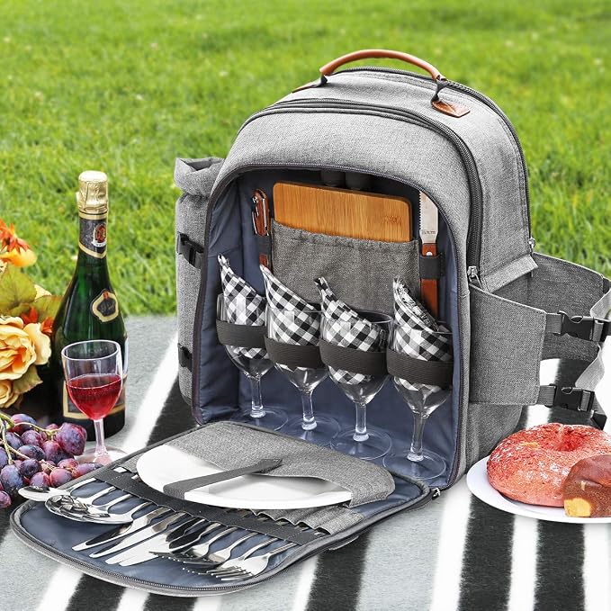 Sunflora Picnic Backpack for 4 Person Set Pack with Insulated Waterproof Pouch for Family Outdoor Camping (Gray) - Image 2