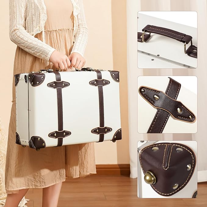 urecity Vintage and Cute Carry-on Overnight Case Non-wheeled Mini Leather Trunk Suitcase with Shoulder Strap - Image 3