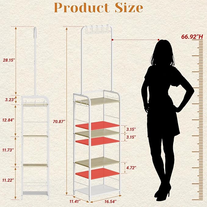 Tall Purse Organizer Stand with 3-Tier Thick Wood + 1-Tier High-Density Mesh, Adjustable Interchangeable, Slim Narrow Freestanding Handbag Rack with 5 Large & 6 Side Hooks, Closet Bag Storage White - Image 7