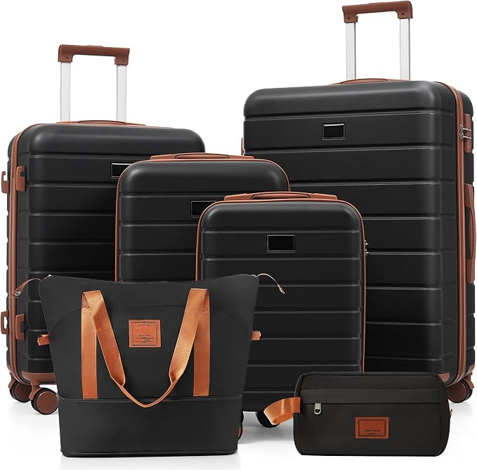 Black 6 Piece Luggage Set Hard Shell - Checked Suitcases with Spinner Wheels & Expandable Duffel Bag for Family Travel, Durable Carry On Luggage Sets with Lock & Toiletry Bag for Women and Men by Unknown