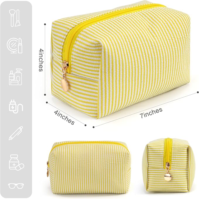 Makeup Bag Set for Women, 4PCS Travel Cosmetic Bags Pencil Case, Striped Seersucker Toiletry Organizer Pouches, Cute Makeup Pouch for Purse, Accessories and Gifts, Yellow - Image 2