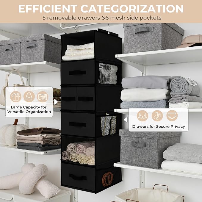 GRANNY SAYS Hanging Closet Organizer 6 Shelves, Closet Organization and Storage with 5 Different Drawers, 6 Side Pockets Wardrobe Clothes Organizer for Closet, Black, 1-Pack - Image 5