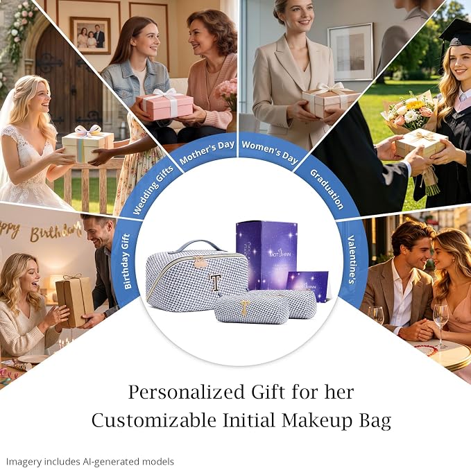 Personalized Gift Travel Makeup Bag: Initial Makeup Organizer Bag for Women | 3-in-1 Custom Make up Bag Set - Vegan Leather Travel Cosmetic Bag - Luxury Gift for Women – Birthday, Anniversary, Graduation - Image 7