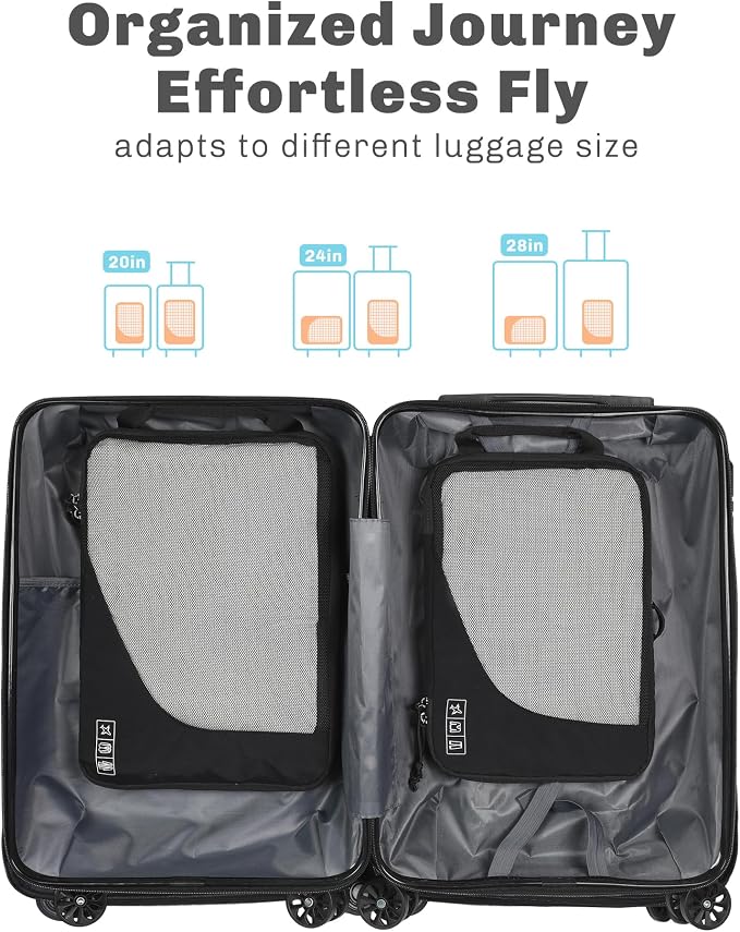 Hynes Eagle 6 Set/ 4 Set/ 2 Set Compression Packing Cubes Travel Essentials Lightweight Nylon Luggage Suitcase Organizer Bag Black 2PCS - Image 3