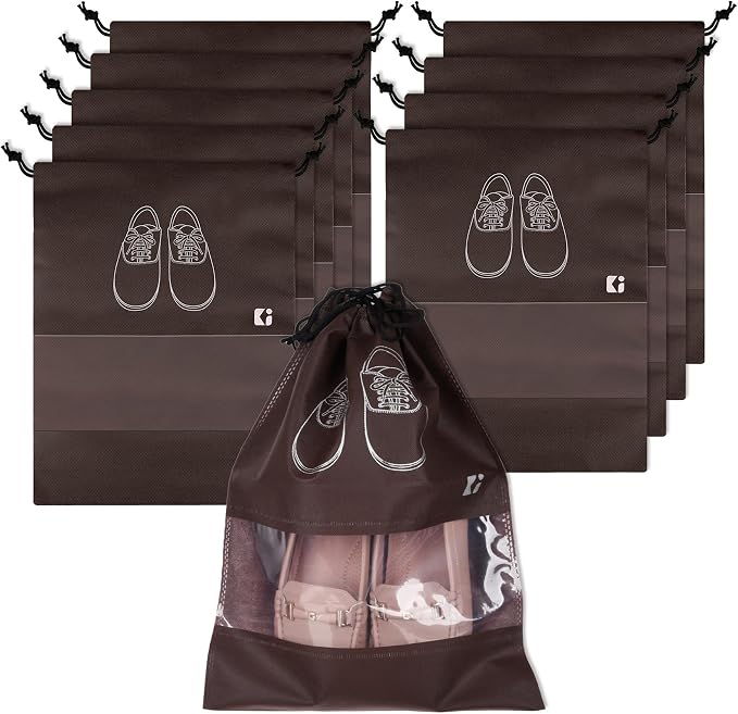 Kuber Industries Pack of 10 Shoe Bags | Shoe Bags for Travel | Non-Woven Shoe Storage Bags | Storage Organizers Set | Shoe Cover with Transparent Window | Shoe Dori Cover | Coffee by Kuber+Industries