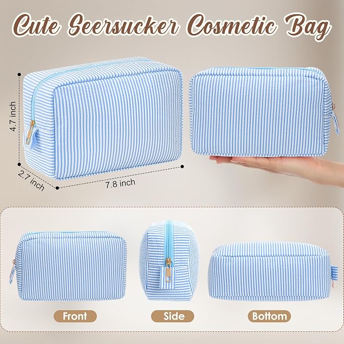 Sanwuta 10 Pcs Seersucker Cosmetic Bag Seersucker Makeup Bag Women Stripe Large Travel Toiletry Organizer Preppy Storage Pouch for Embroidery Wedding Bridesmaid Bride Mom (Light Blue) - Image 2