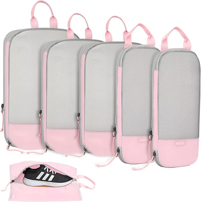 Voova 6 Set Compression Packing Cubes, Travel Accessories Expandable Packing Organizer Bags Set for Carry on Suitcase, Durable Luggage Packing Cubes for Travel Essentials, Pink by Voova