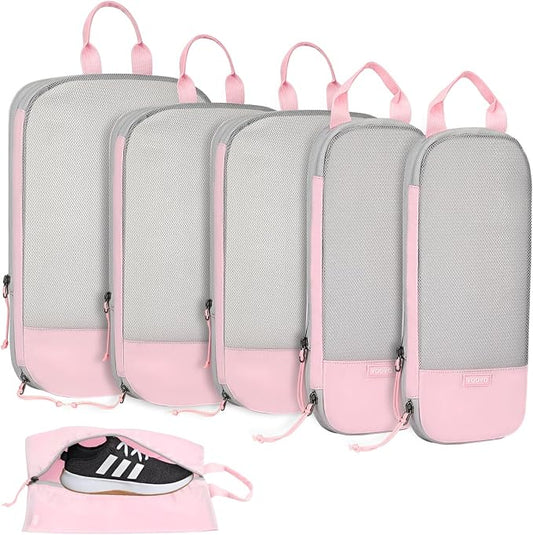 Voova 6 Set Compression Packing Cubes, Travel Accessories Expandable Packing Organizer Bags Set for Carry on Suitcase, Durable Luggage Packing Cubes for Travel Essentials, Pink by Voova
