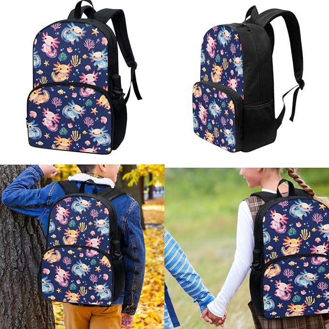 3pcs Kids School Bookbag with Insulated Portable Lunch Bag Pencil Case Colorful Axolotl Backpack Daypack for Kids Teen Girls - Image 2