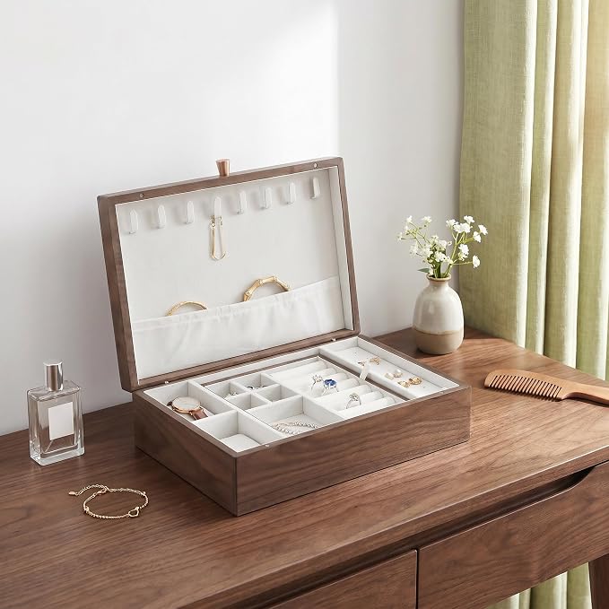Wooden Jewelry Box for Women, Black Walnut | Jewelry Organizer & Storage, Velvet Lining, Multi-Compartment, Travel Jewelry Case for Ring Necklace Earring - Image 6
